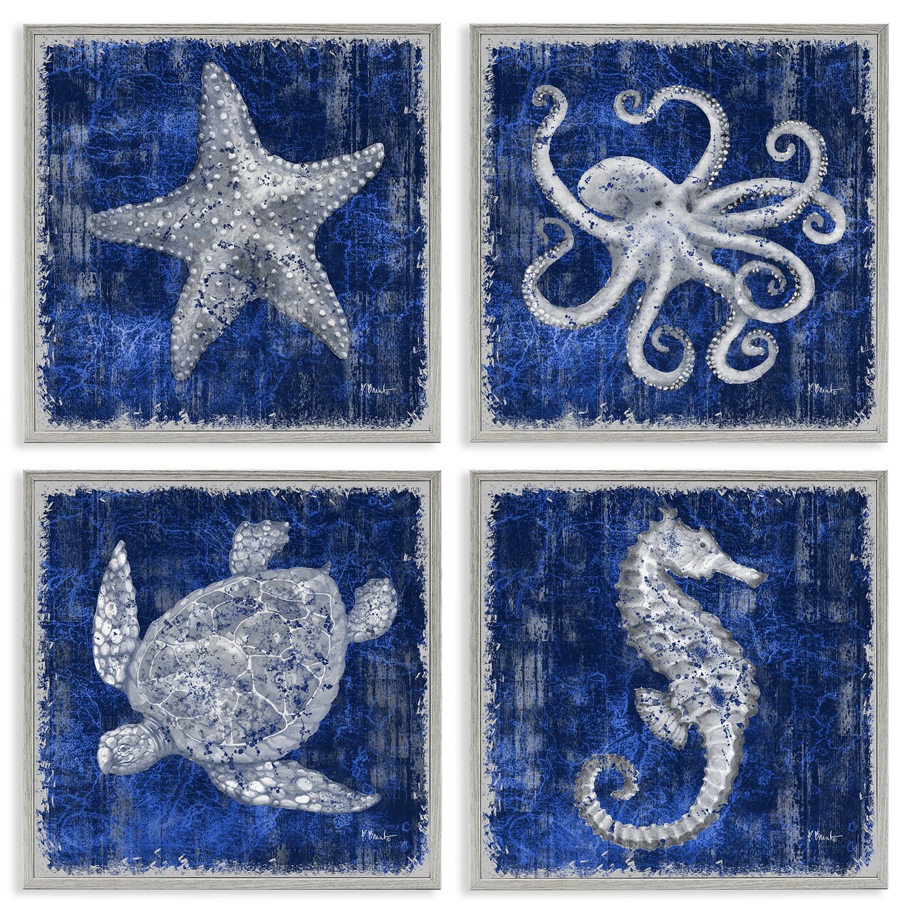 Stupell Industries Sea Life on Abstract Blue 4pc Framed Giclee Wall Art Set Design by Paul Brent
